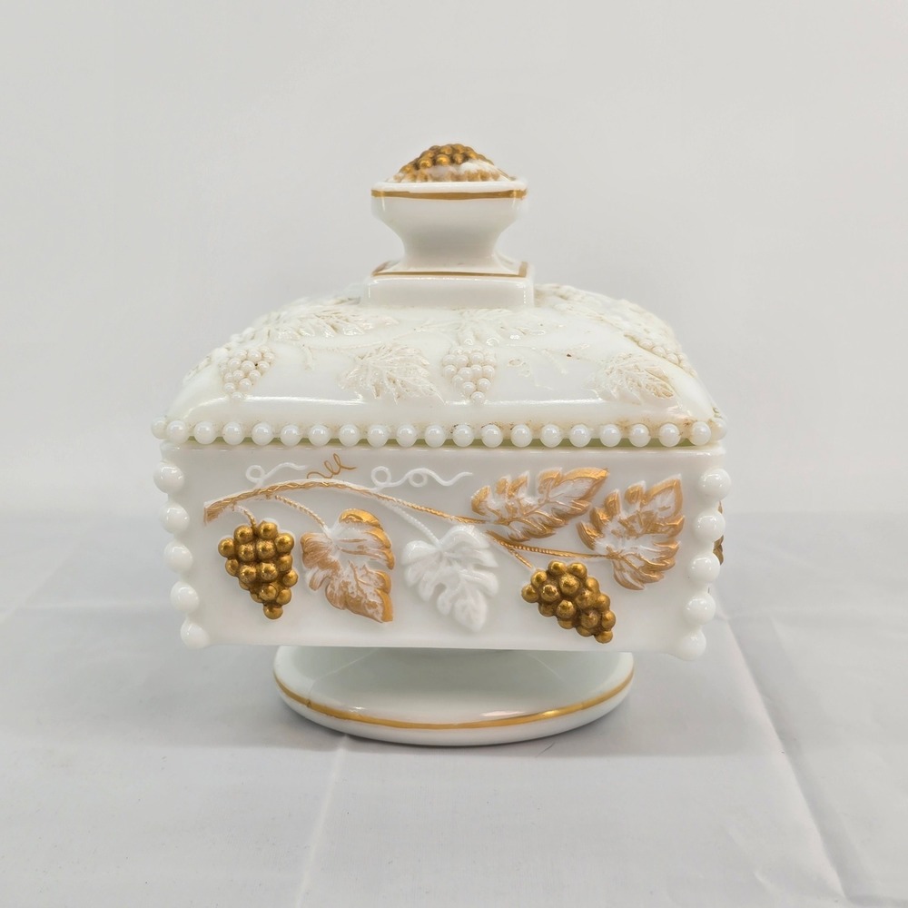 Westmoreland Milk Glass Grape Gold Gilt Square Pedestal Candy Dish with Lid